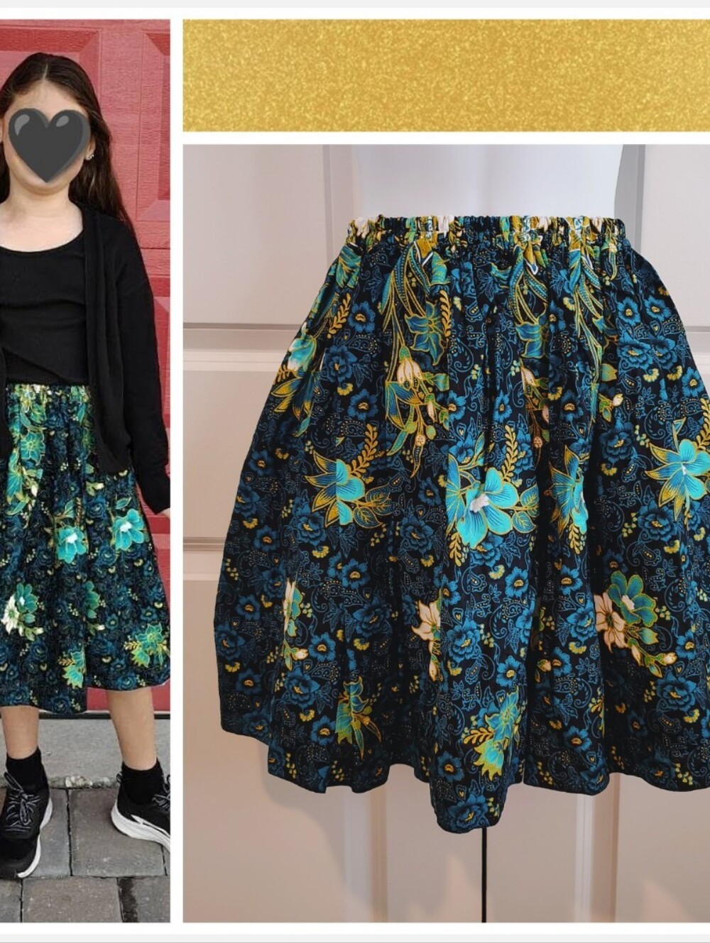 Floral & Gold Glitter Midi Skirt (Cambodian Print)
